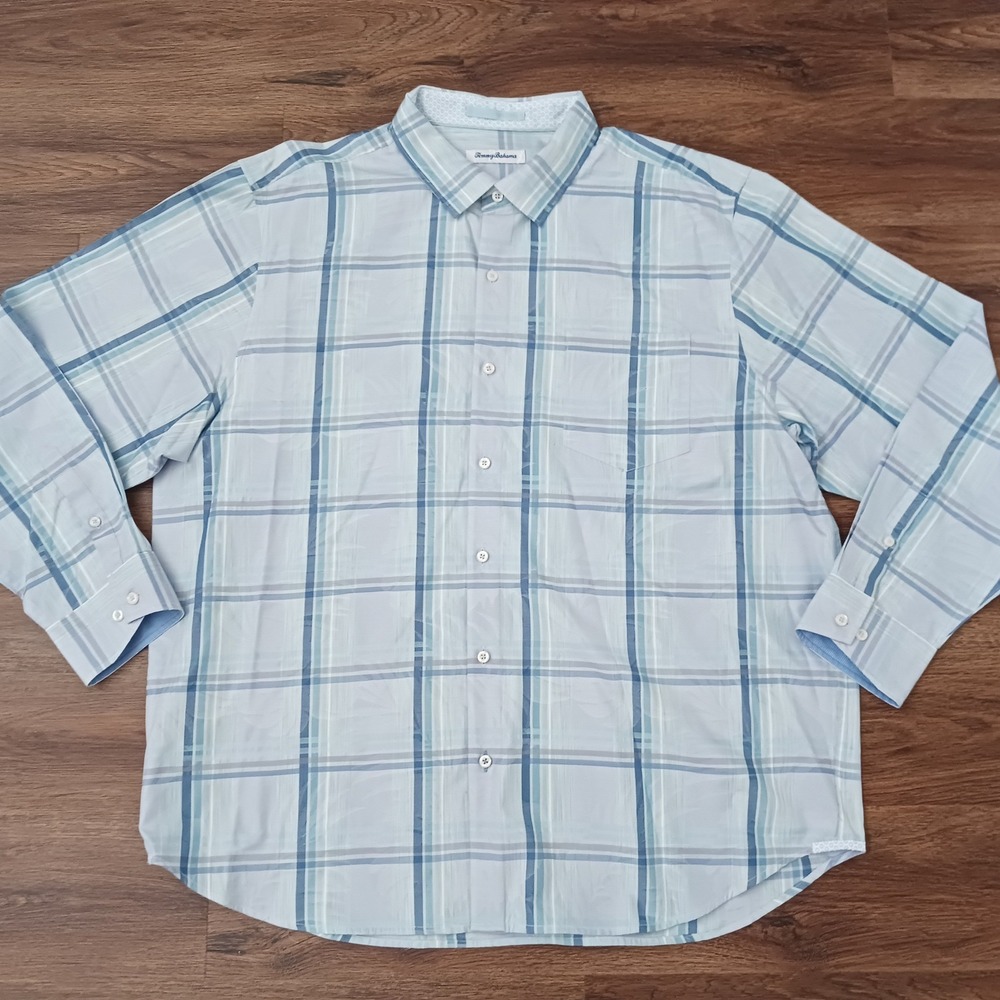 Tommy‎ Bahama Mens XXL Blue Plaid Silk Blend Tropical Palm Long Sleeve Shirt